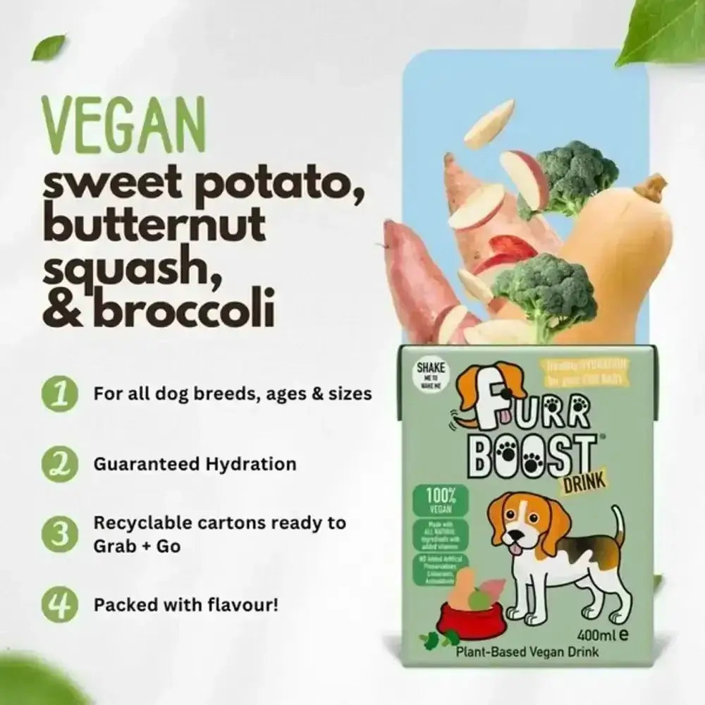 Furr Boost Vegan Dog Drink with sweet potato, squash, broccoli and dog illustration