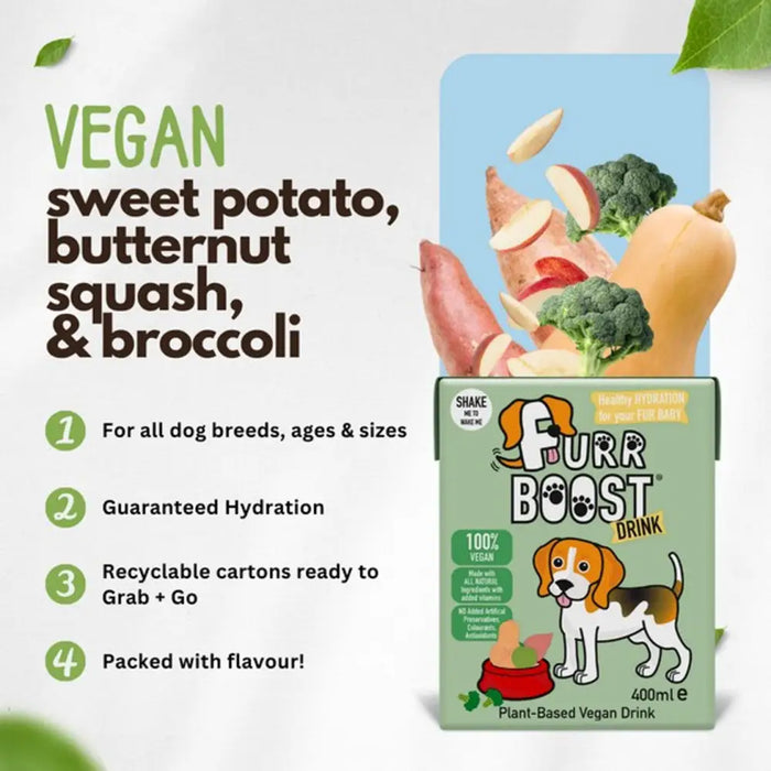 Furr Boost drink package with ingredients and benefits on a white background