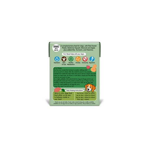 Dog food packaging with text and icons on a white background