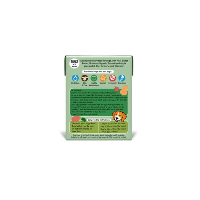 Dog food packaging with text and icons on a white background