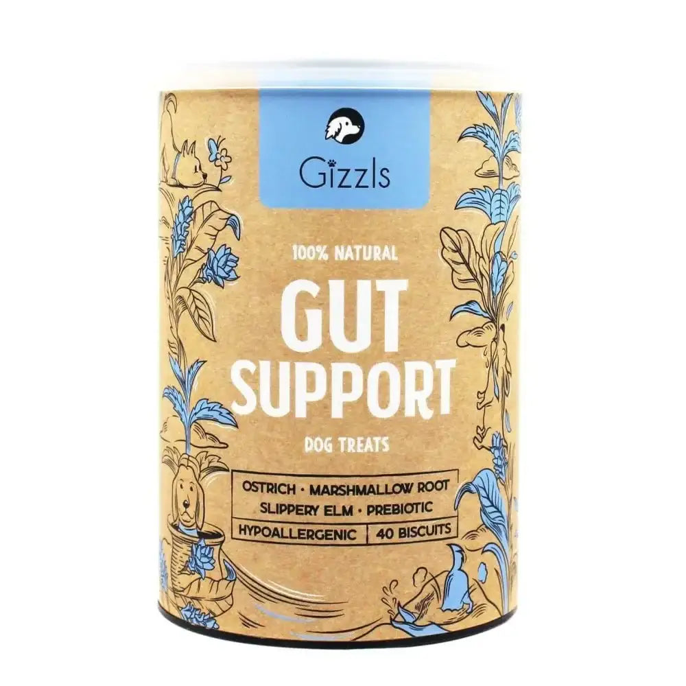 Gizzls 100% natural dog treats for healthy gut in gold tin