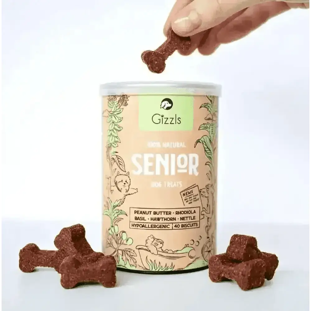 Gizzls natural senior dog treats, bone-shaped with organic peanut butter flavor