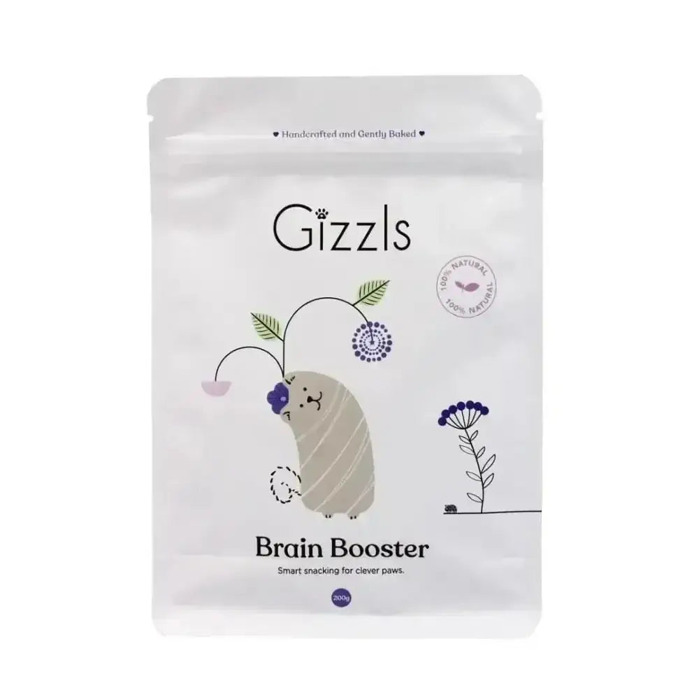 Gizzls Brain Booster white cat-shaped snack bag with purple flowers
