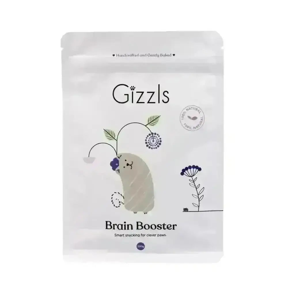 Gizzls Brain Booster white cat-shaped snack bag with purple flowers