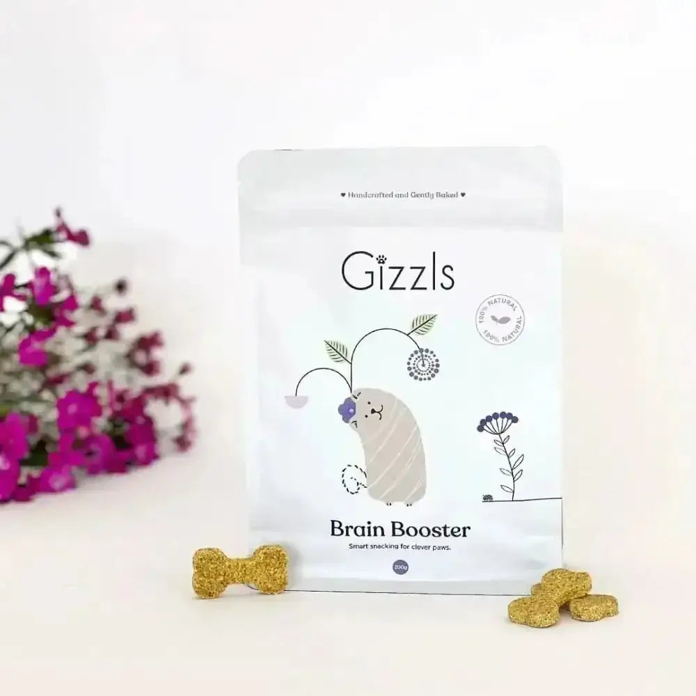White ghost-shaped Gizzls Brain Booster dog treat bag with floral illustrations
