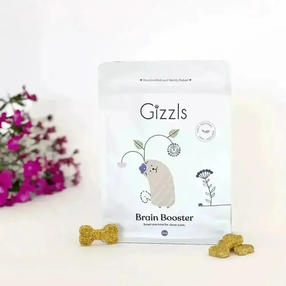 White ghost-shaped Gizzls Brain Booster dog treat bag with floral illustrations