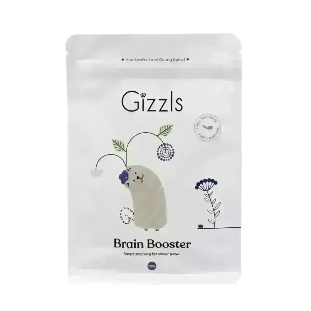 Gizzls Brain Booster white cat-shaped snack bag with purple flowers