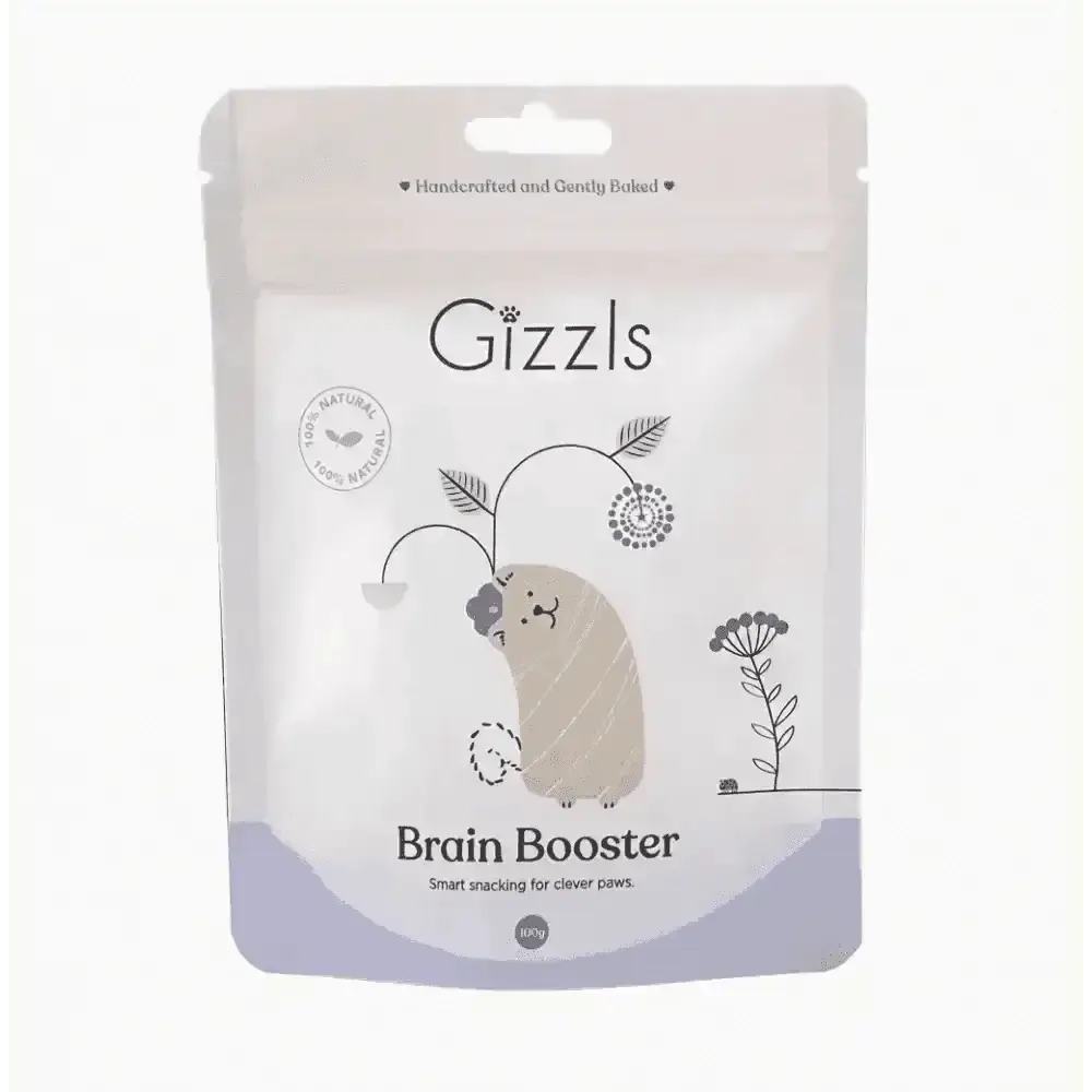 Gizzls Brain Booster dog treats bag with cute hedgehog design