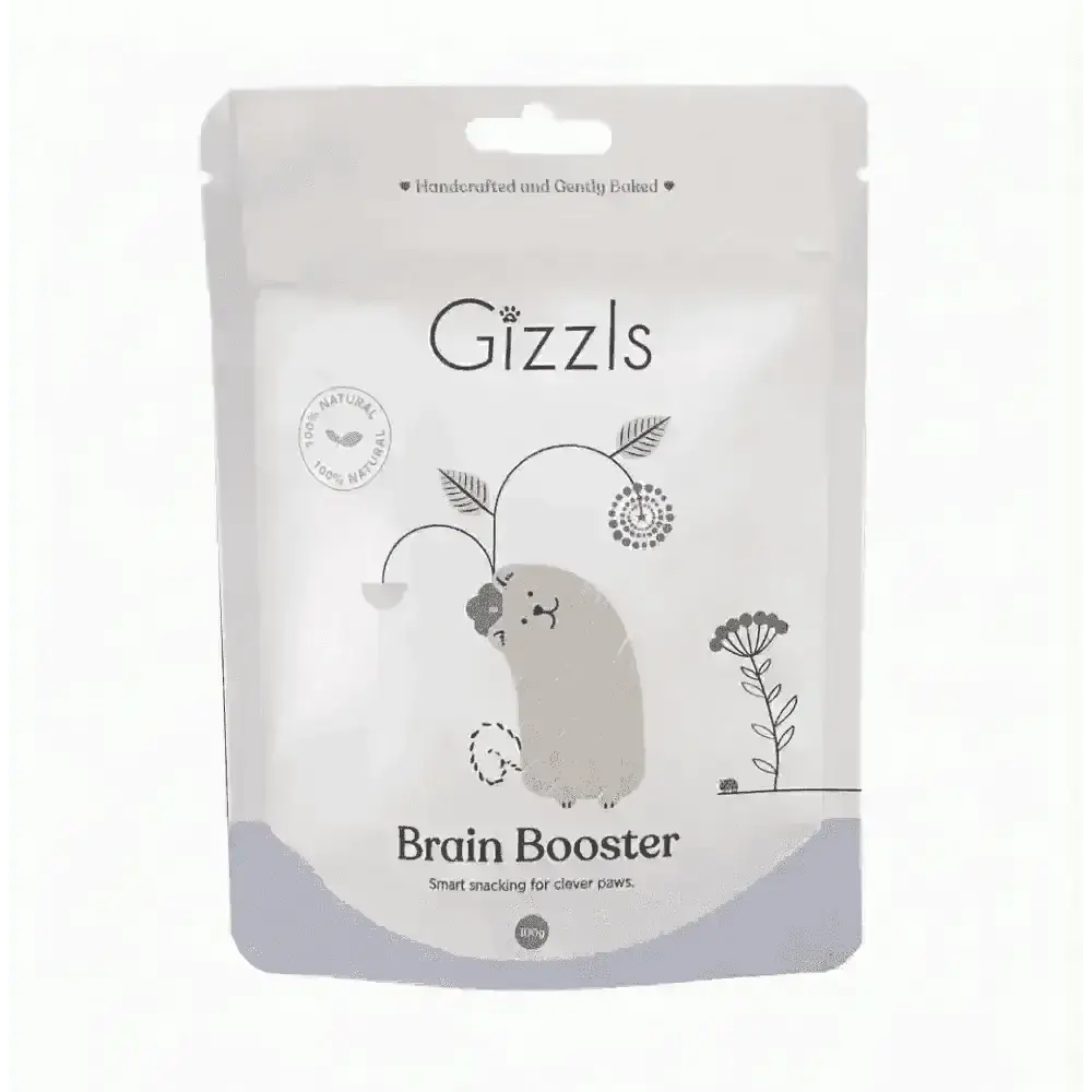 Gizzls Brain Booster dog treats bag with cute hedgehog design