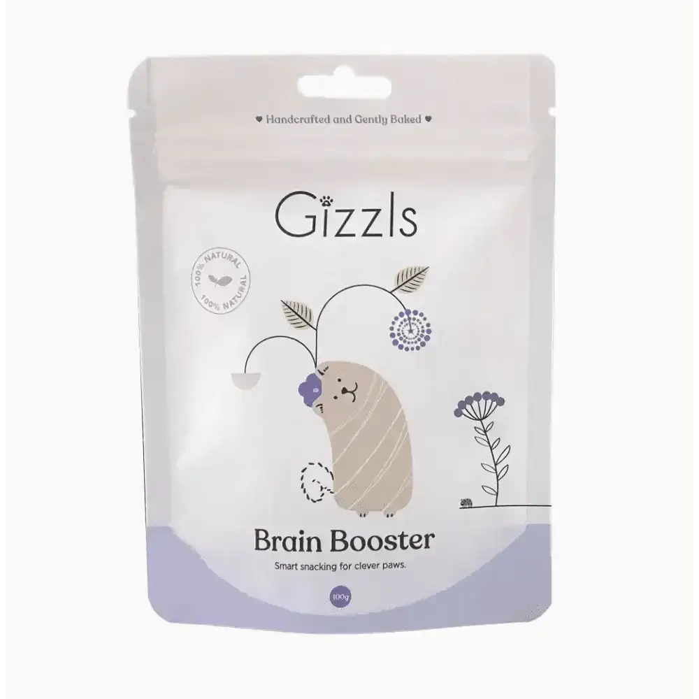 Gizzls Brain Booster dog treats bag with cute hedgehog design
