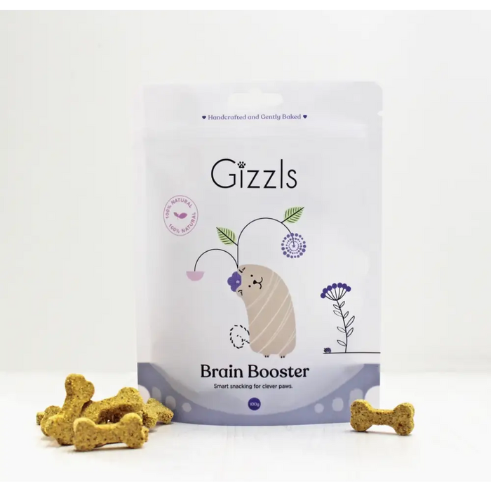 Gizzles Brain Booster dog treat packaging with treats on a white background