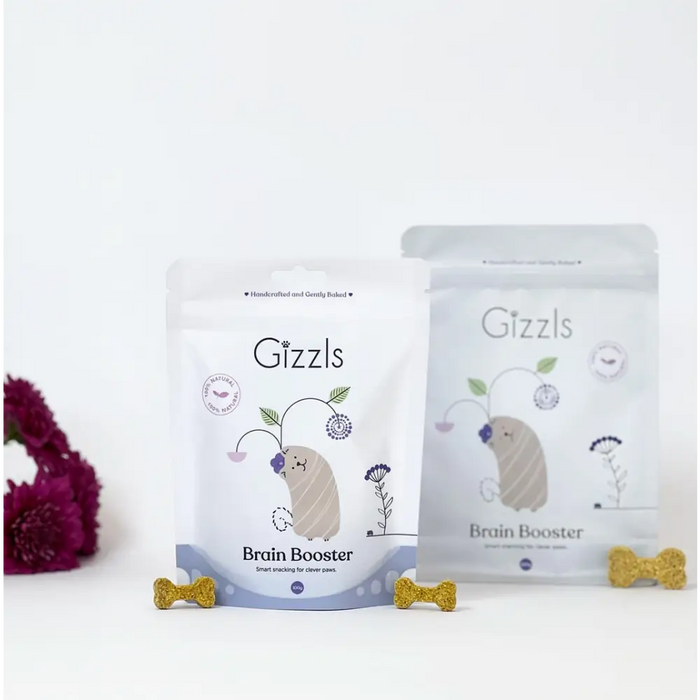 Two Gizzls Brain Booster packages on a white background with purple flowers.