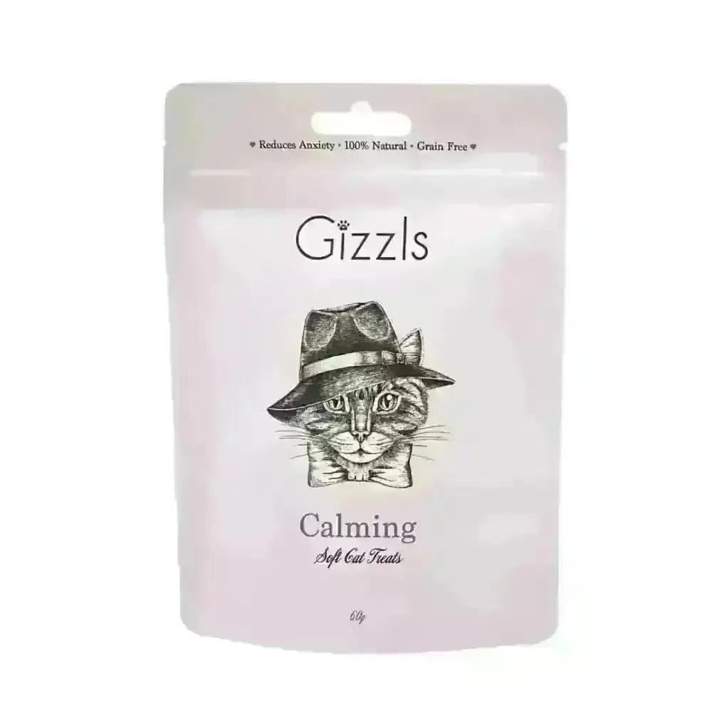 Gizzls Calming Soft Cat Treats bag with chamomile crafted liver cat treat cat in hat