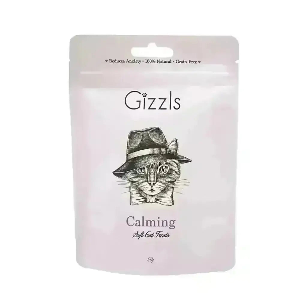 Gizzls Calming Soft Cat Treats bag with chamomile crafted liver cat treat cat in hat