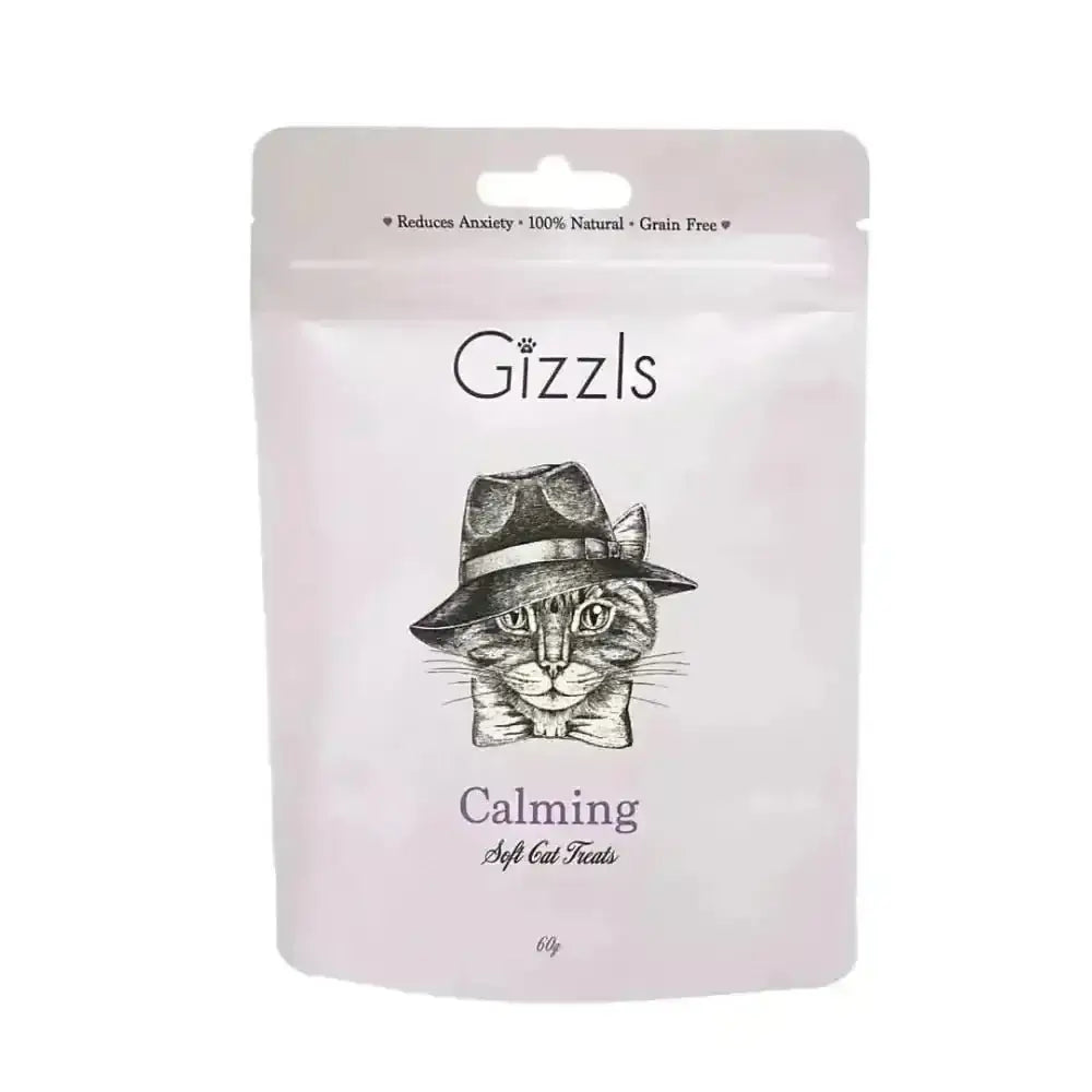 Gizzls Calming Soft Cat Treats bag with chamomile crafted liver cat treat cat in hat