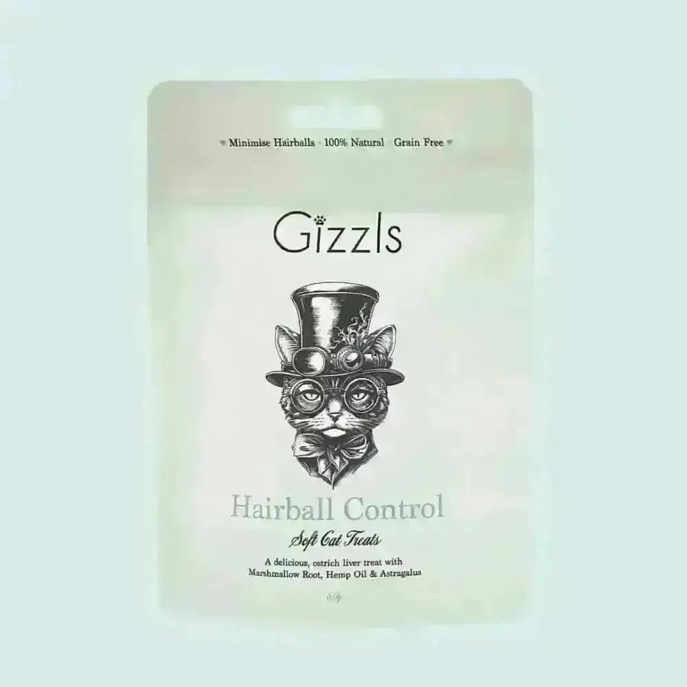 Gizzls Hairball Control Soft Cat Treats bag with whimsical cat illustration