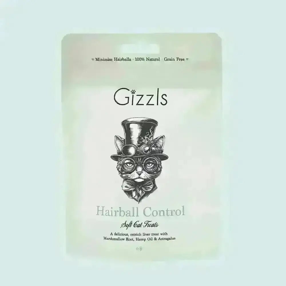 Gizzls Hairball Control Soft Cat Treats bag with whimsical cat illustration