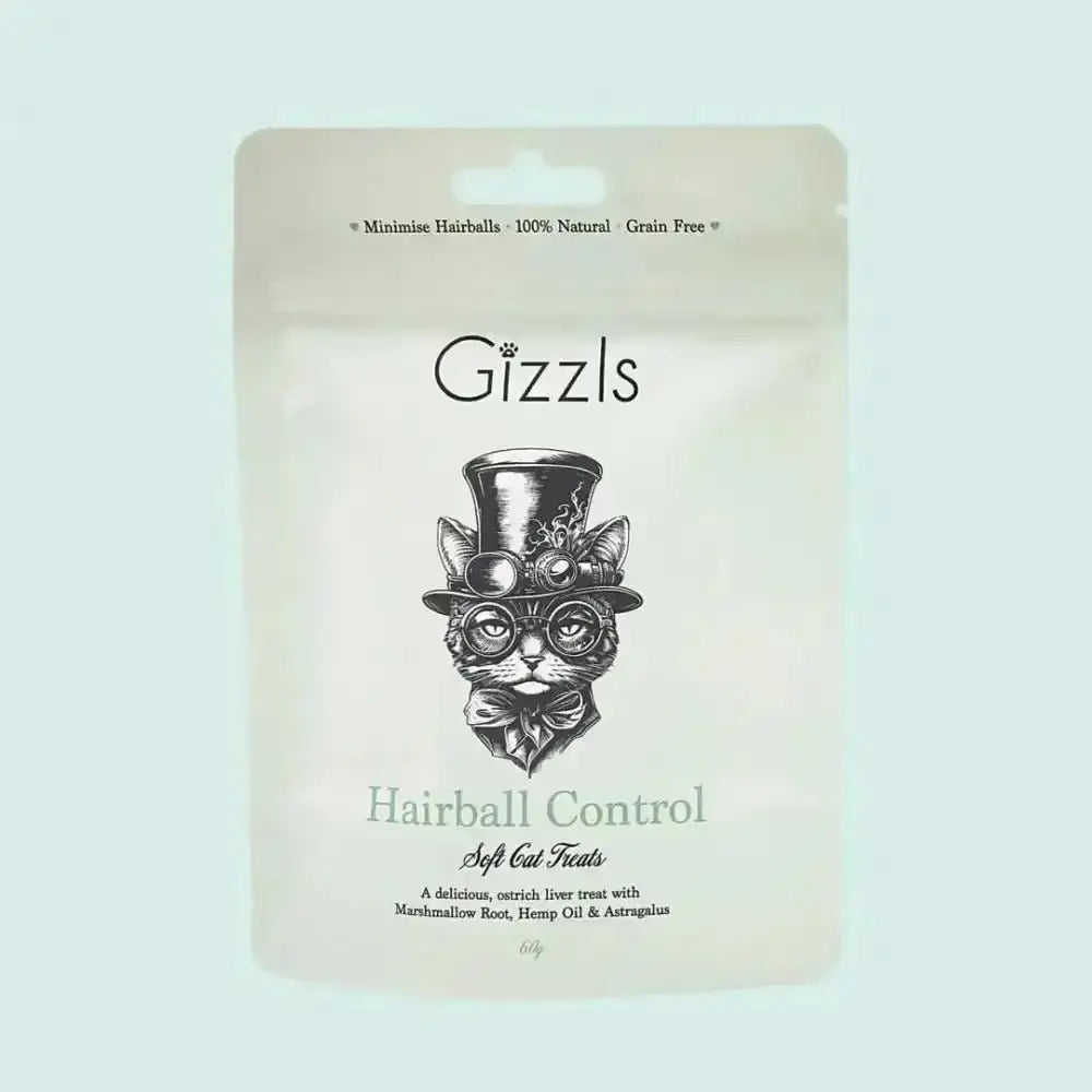 Gizzls Hairball Control Soft Cat Treats bag with whimsical cat illustration