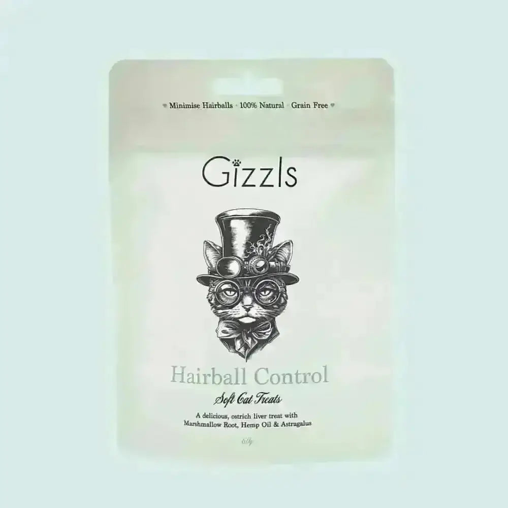 Gizzls Hairball Control Soft Cat Treats bag with whimsical cat illustration