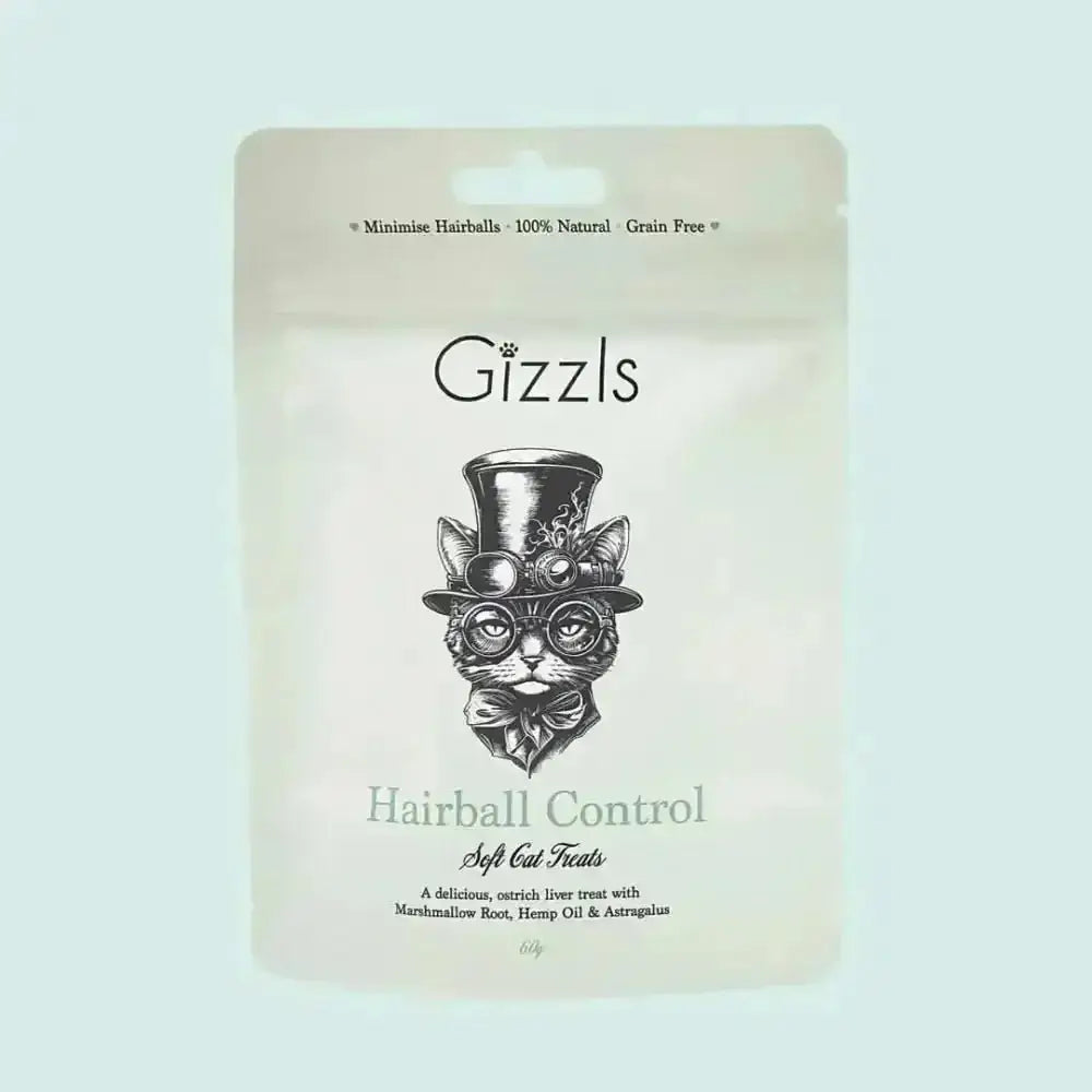 Gizzls Hairball Control Soft Cat Treats bag with whimsical cat illustration