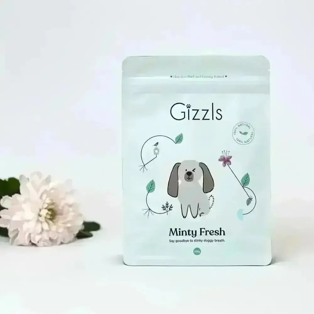 Gizzls minty fresh dog treats pouch with puppy and floral design
