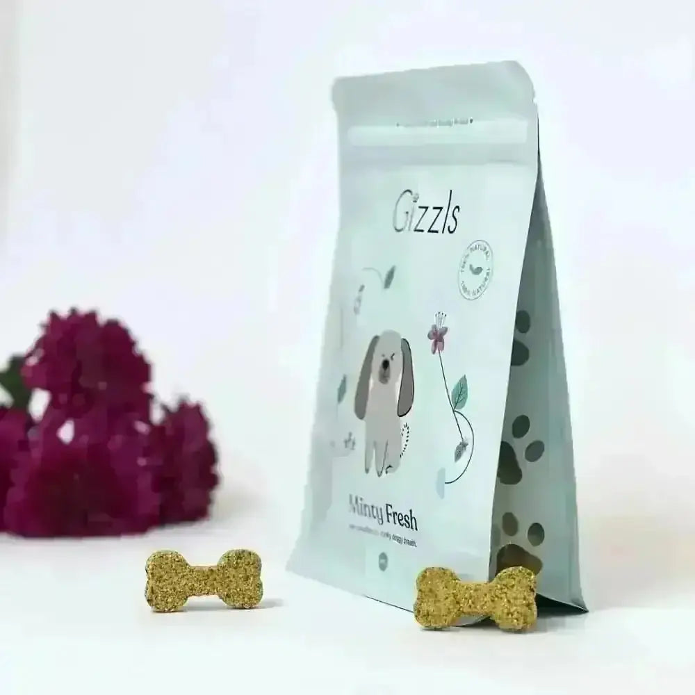 Gizzls minty fresh dog treats bag with cartoon puppy and paw prints