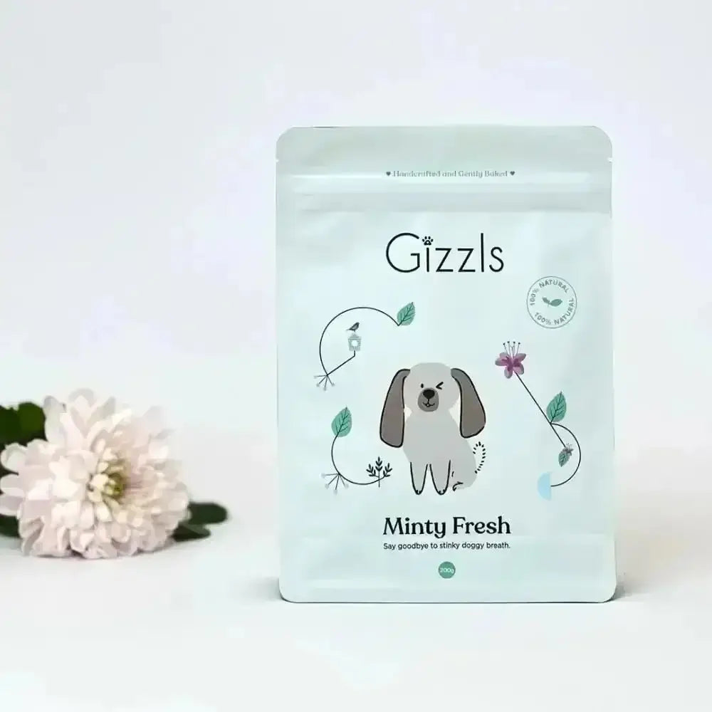 Gizzls minty fresh dog treats pouch with puppy and floral design