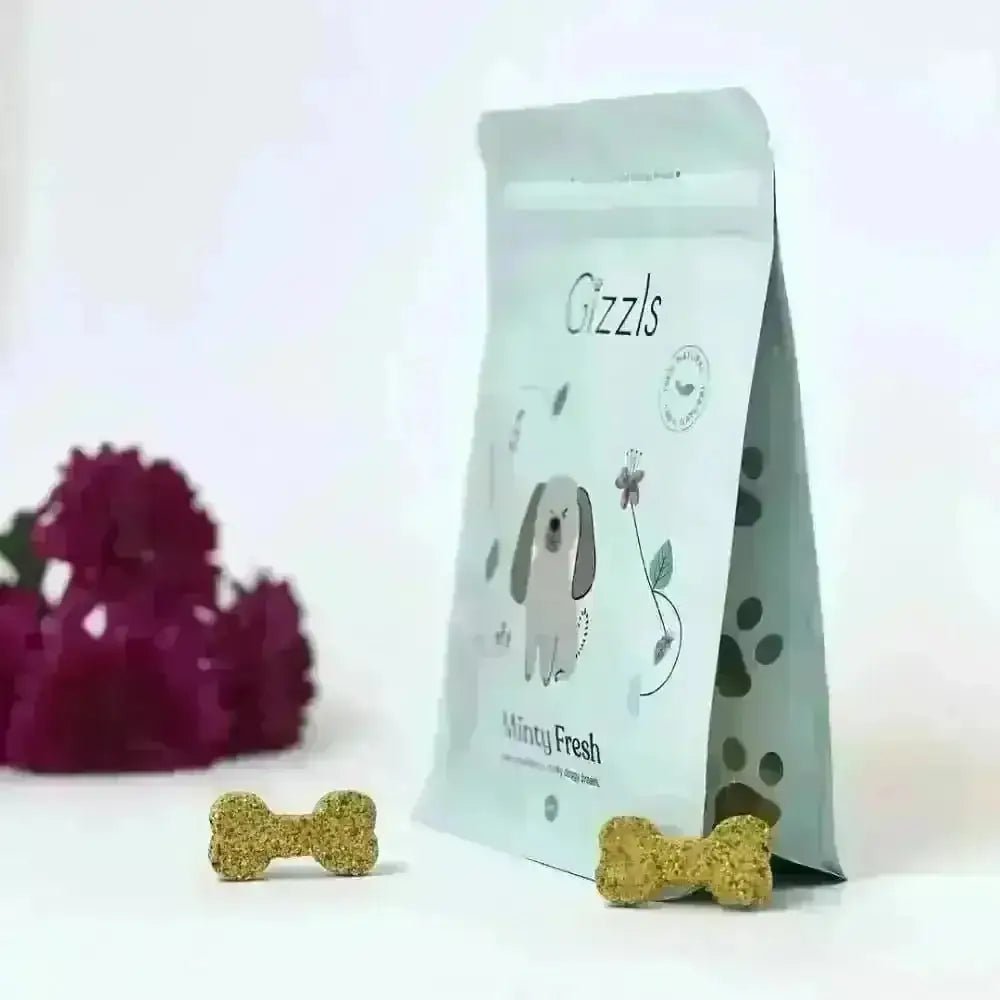 Gizzls minty fresh dog treats bag with cartoon puppy and paw prints