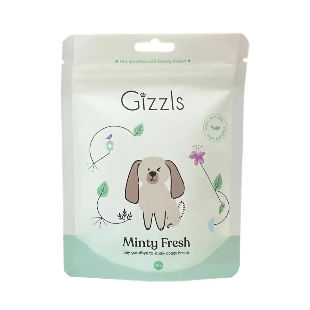Gizzls minty fresh organic peanut butter dog treats for small dogs, 100g pouch with cute puppy illustration