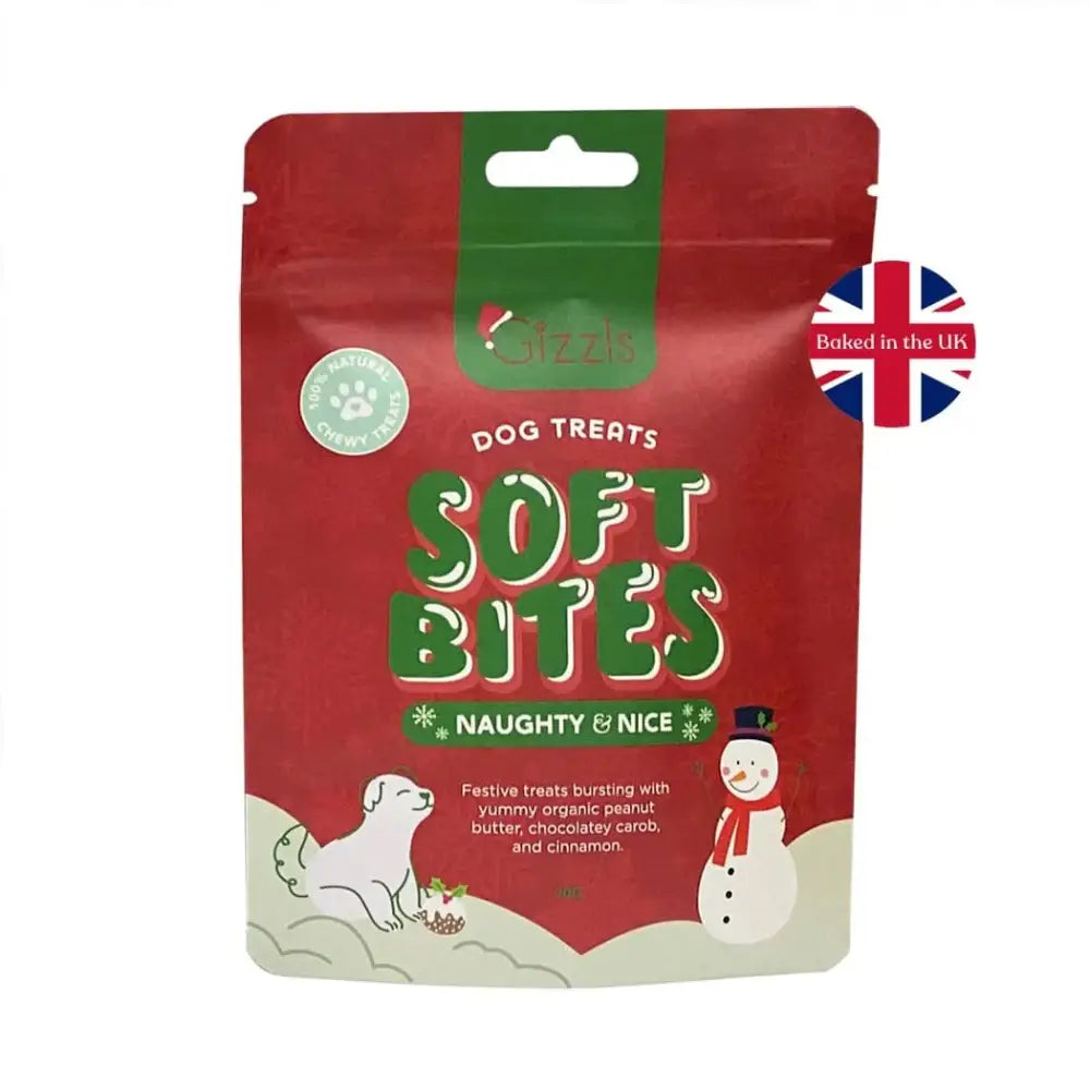 Gizzls Naughty & Nice Christmas dog treats bag with festive snowman and organic peanut butter