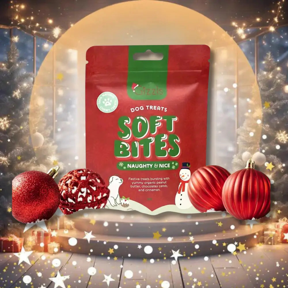 Gizzls Naughty & Nice Soft Christmas Dog Treats with organic peanut butter, 70g festive bag
