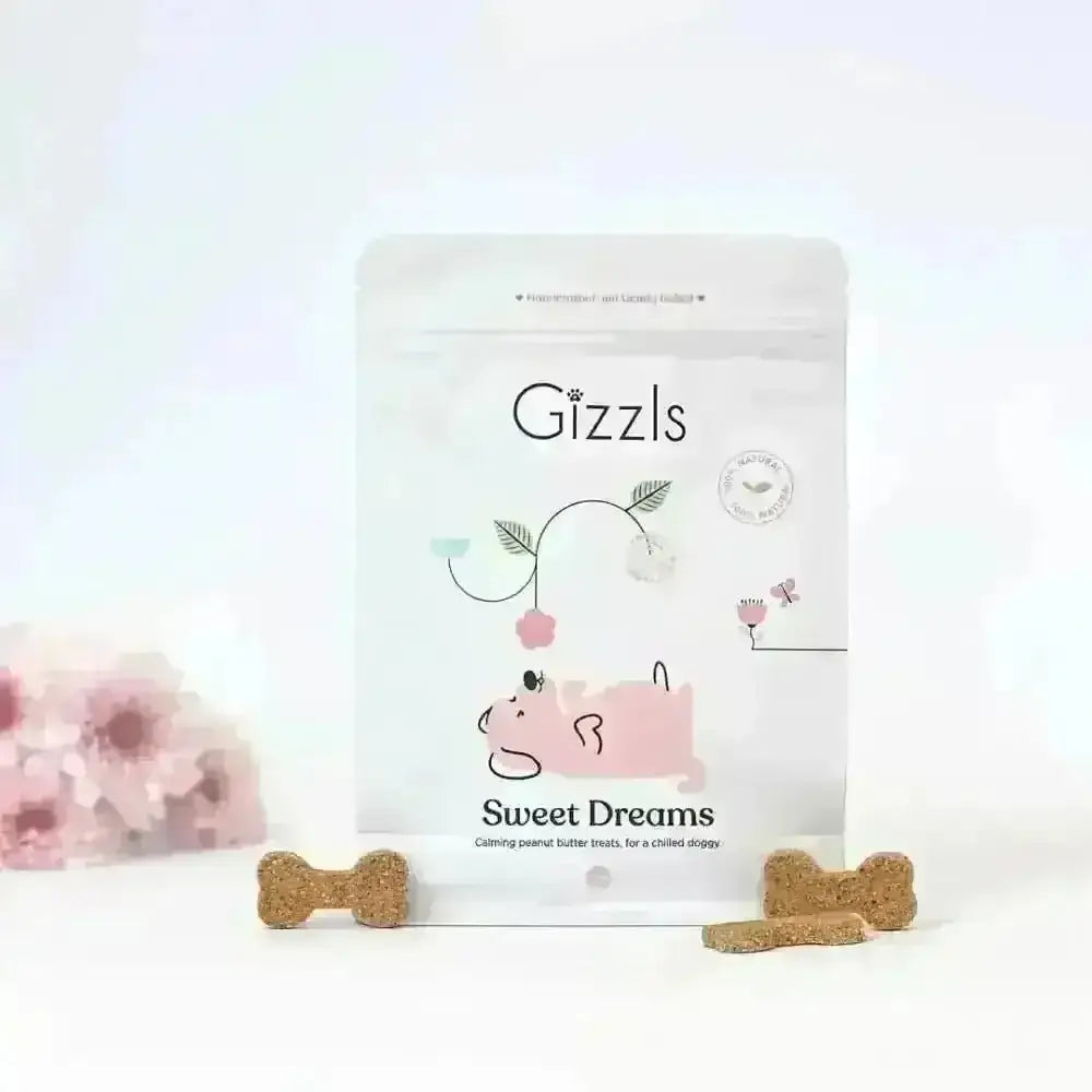 Gizzls Sweet Dreams calming peanut butter treats for dogs in pink packaging