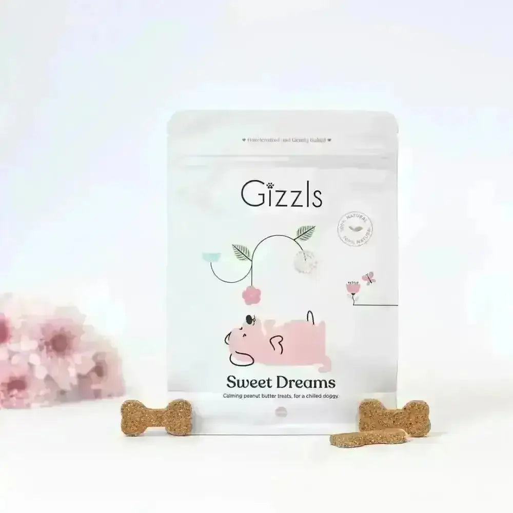 Gizzls Sweet Dreams calming peanut butter treats for dogs in pink packaging