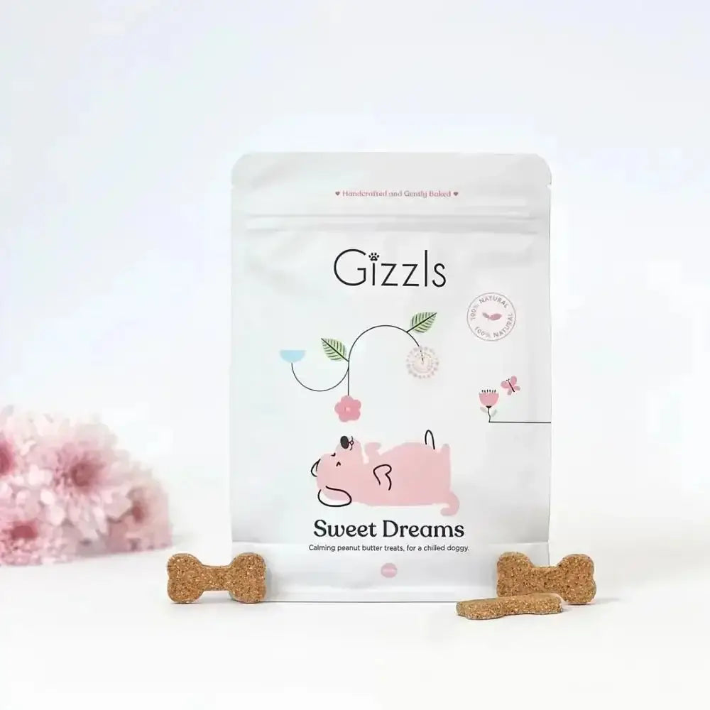 Gizzls Sweet Dreams calming peanut butter treats for dogs in pink packaging