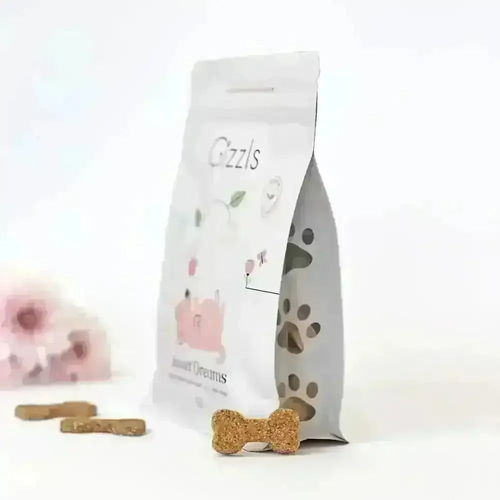 Gizzls Sweet Dreams Treats 200g bag with silver paw print, bone treats, pink cherries
