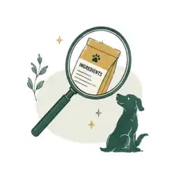 A magnifying glass highlights a brown paper bag labeled ’ingredients’ with a paw print, positioned beside a sitting dog illustration.