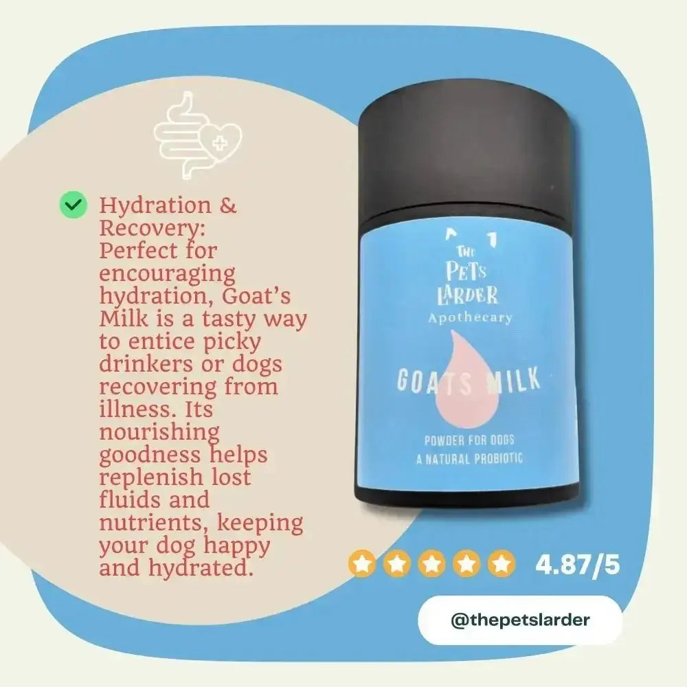 Blue jar of goat’s milk powder for dogs with natural probiotics and healthy digestion