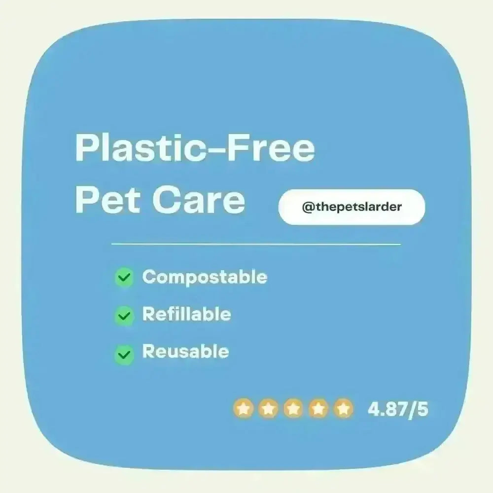 Blue plastic-free pet care sign for goat’s milk powder supporting healthy digestion and immunity