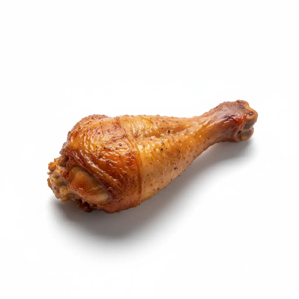 Golden-brown roasted chicken leg with crispy skin and visible seasoning.