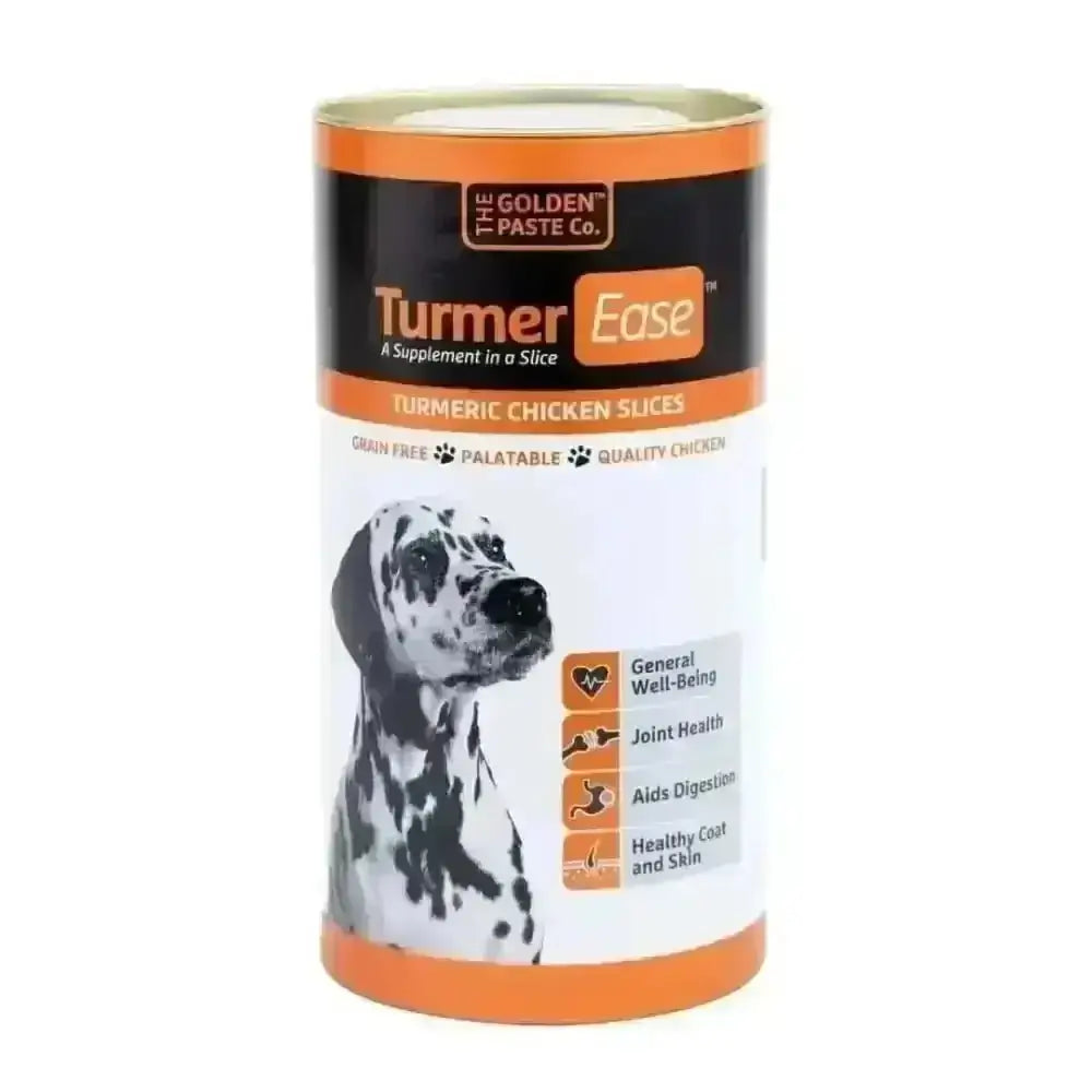 Golden Paste Co TurmerEase Dog Supplement Canister with Dalmatian Design and Grain-Free Label