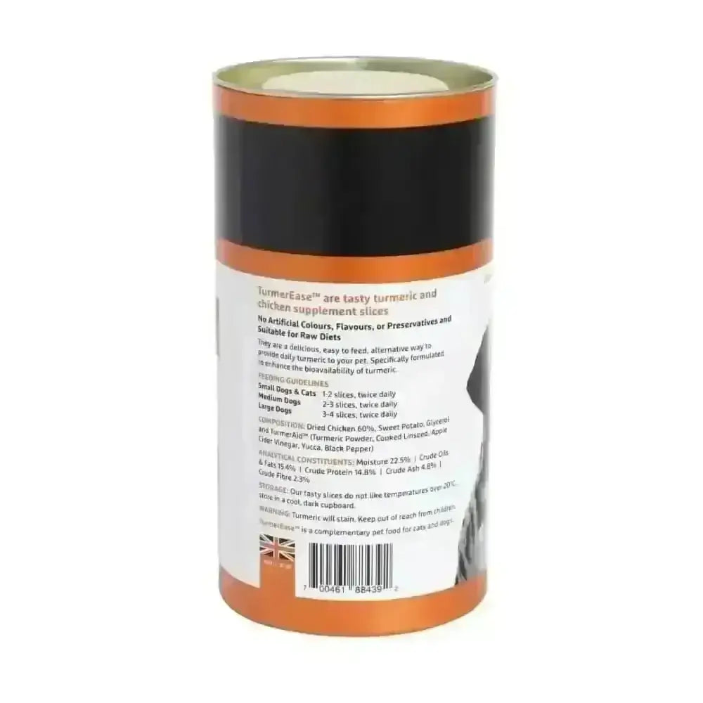Orange and white cylindrical container of Golden Paste Co TurmerEase Chicken Slices 300g with black text