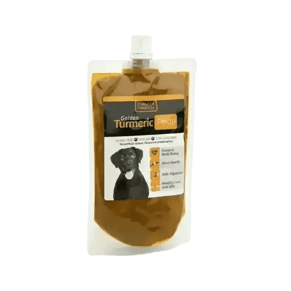 Golden Paste for Pets pouch with black dog illustration and white label design featuring turmeric and coconut oil