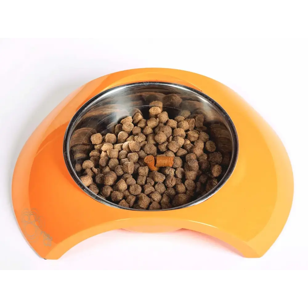 Orange pet food bowl with stainless steel insert for Golden Paste for Pets featuring turmeric and coconut oil