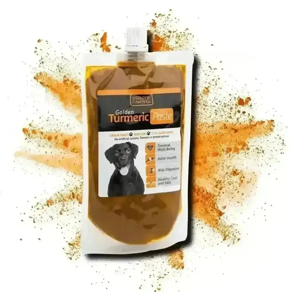 Golden Paste for Pets with turmeric and coconut oil, featuring a black dog and orange splash design