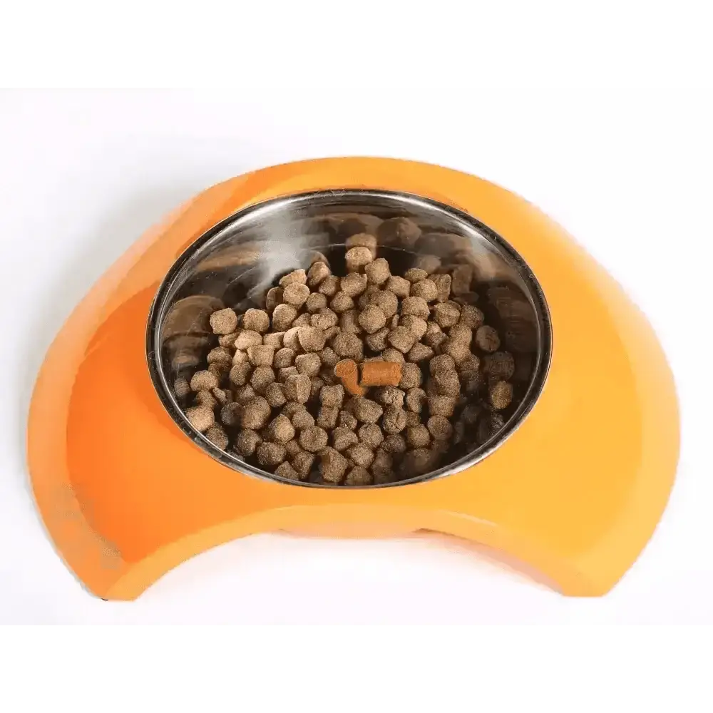 Orange pet food bowl with stainless steel insert for Golden Paste for Pets featuring turmeric and coconut oil