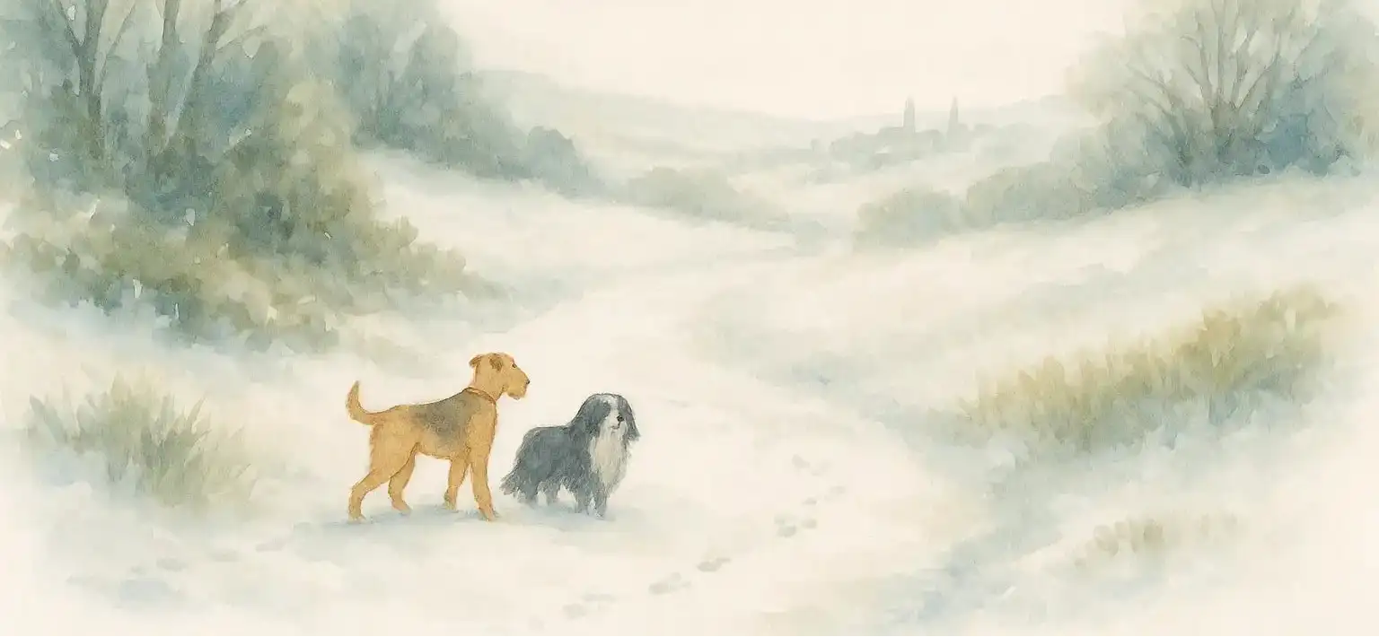 Golden retriever dog with black and white markings, standing in a snowy landscape.