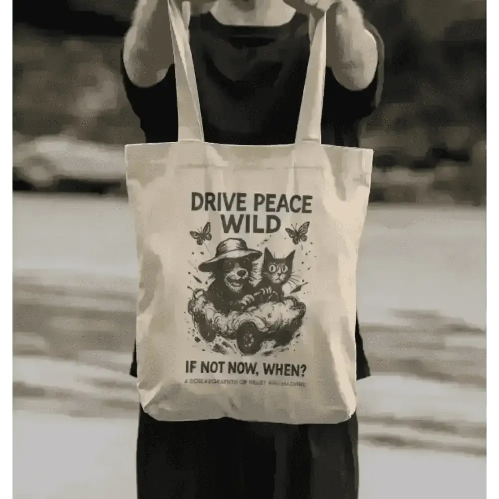 Cream-colored Gonzo Wild Tote bag with drive peace wild slogan and playful cat design