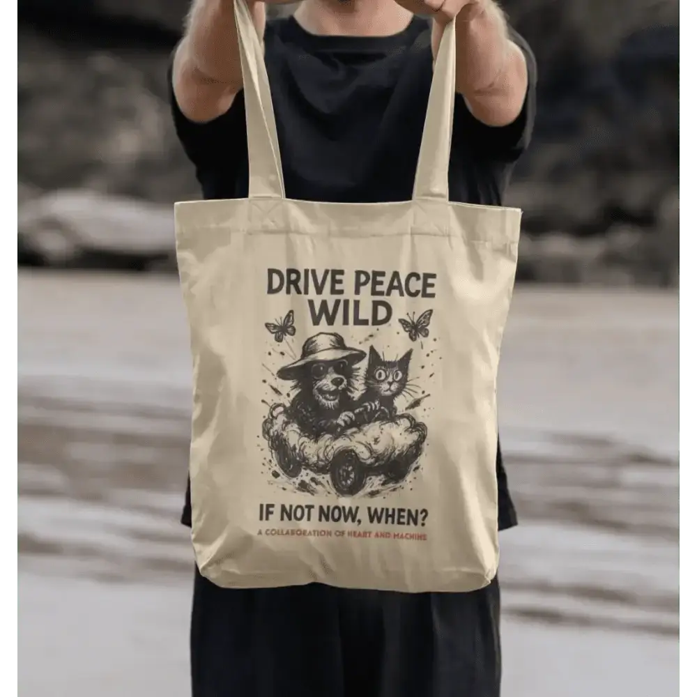 Cream-colored Gonzo Wild Tote bag with drive peace wild slogan and playful cat design