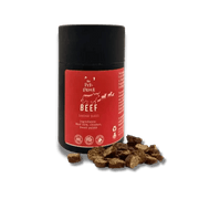 Red gourmet beef sausage slices in black and red Beef Feast container