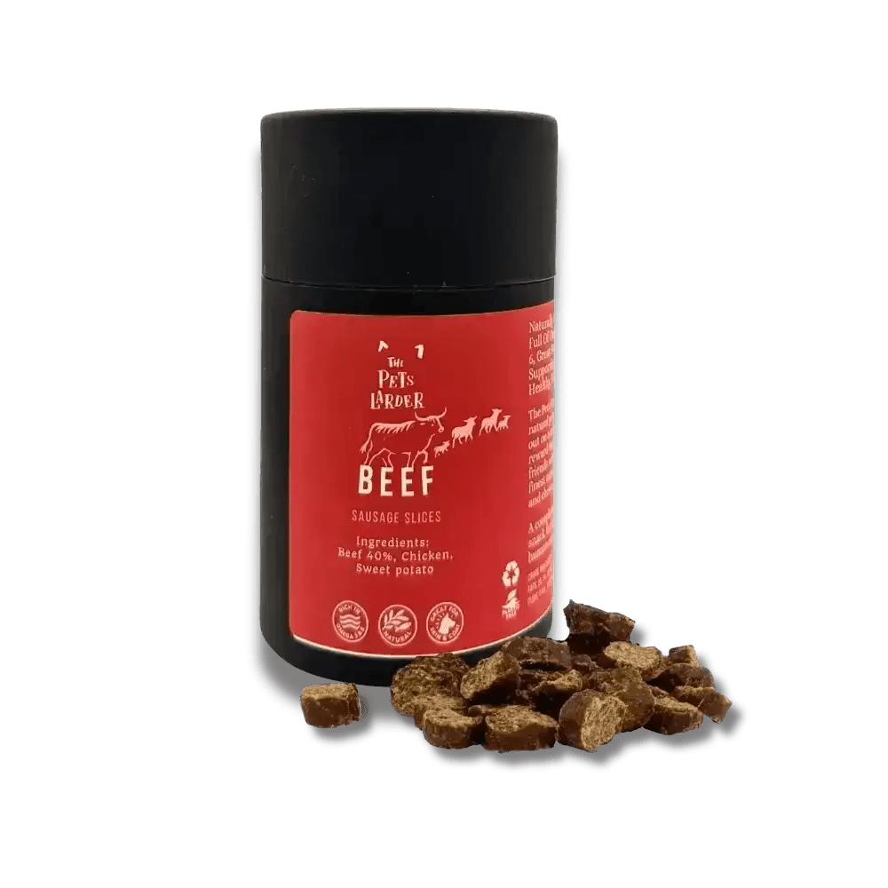 Red gourmet beef sausage slices in black and red Beef Feast container